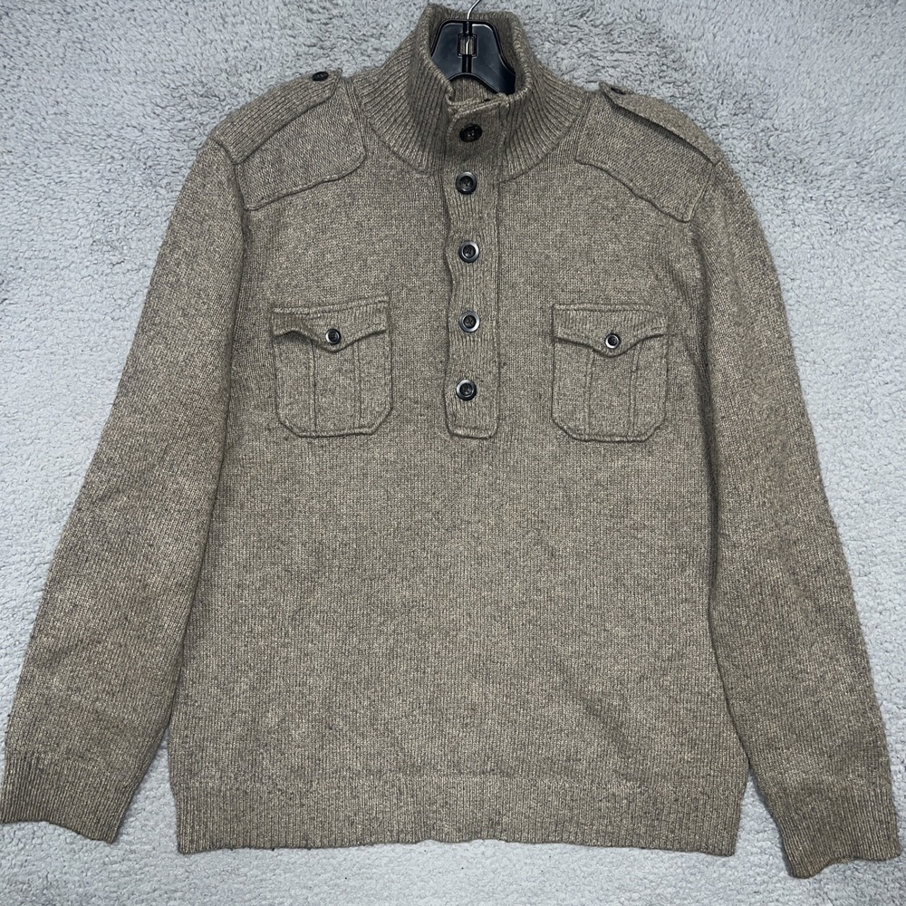 VTG GAP Sweater Men's XL Brown Knit Wool Blend Mock Neck 1/4 Button Zip Military